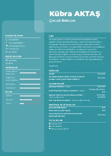 Çocuk Bakıcısı CV Örnekleri cv indir